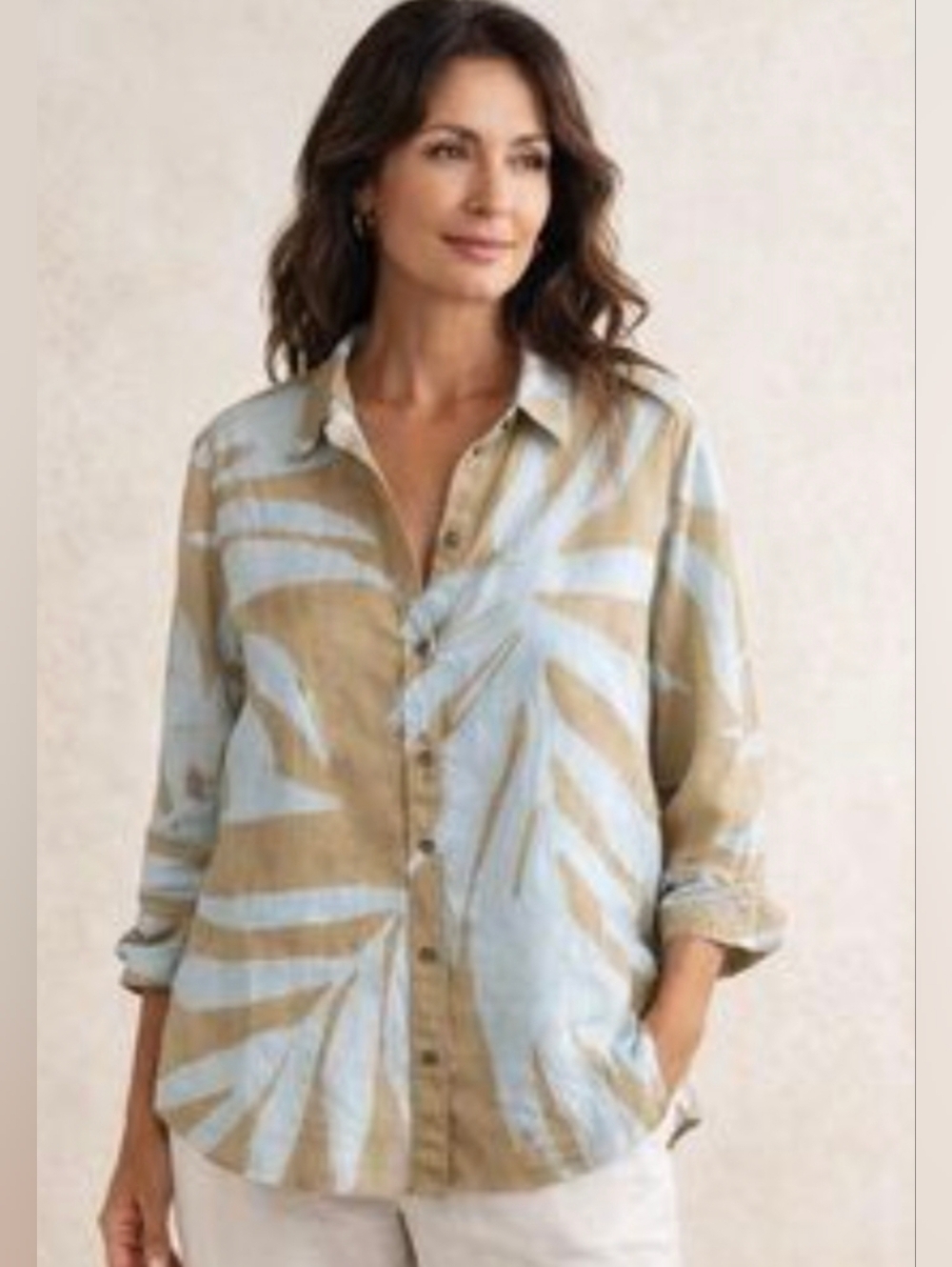 NWT $100 Soft Surroundings Olive Blue Palm Vano Linen Button Down Shirt 1X